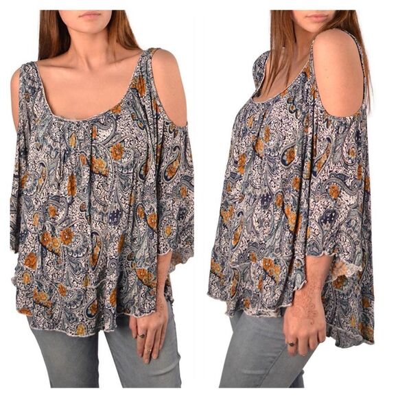 Free People Size XS Blue Paisley Print Hummingbird Chloe Cold Shoulder Top - Picture 13 of 13